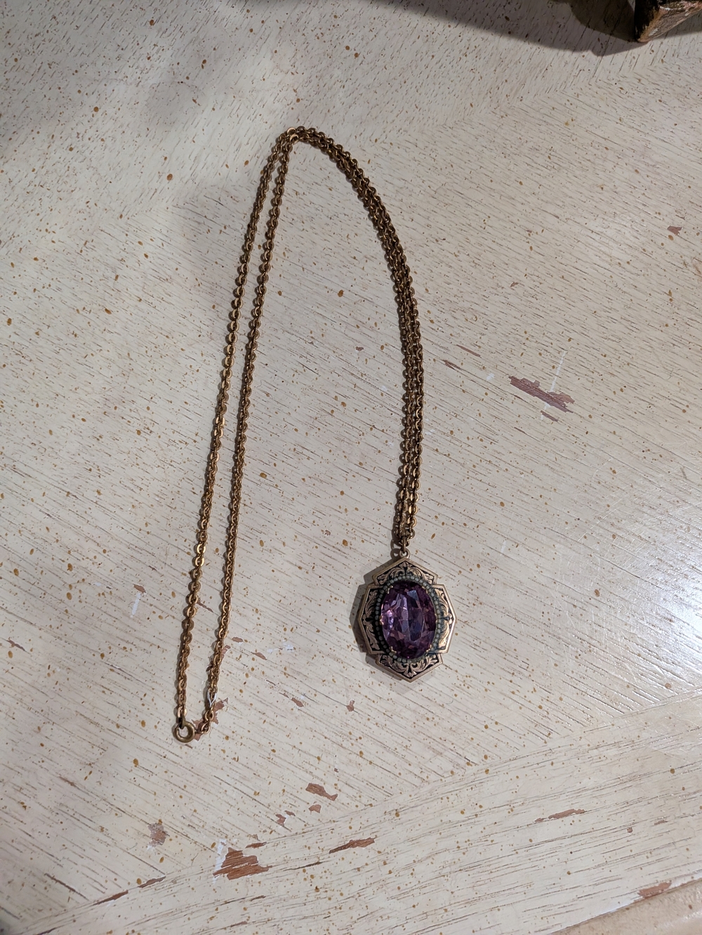 Vintage 1920s Locket Gold Chain Necklace with Purple Gem Pendant
